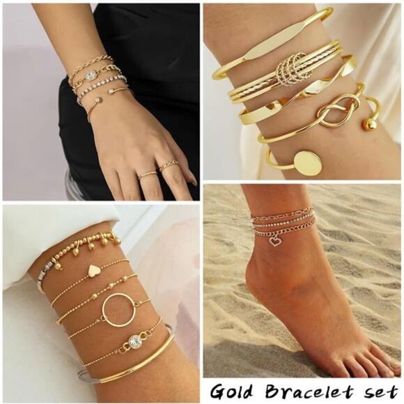 6 PACK (24 PCS) Boho Gold Chain Bracelets Set for Women, 14K Gold Plated - Picture 2 of 4